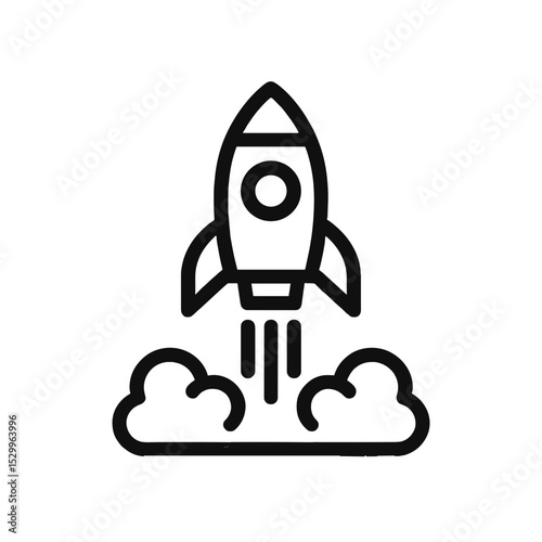 Rocket launching with smoke clouds in minimalist line art style  