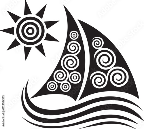 Ornate sailboat with sun design, perfect for tattoos or prints.