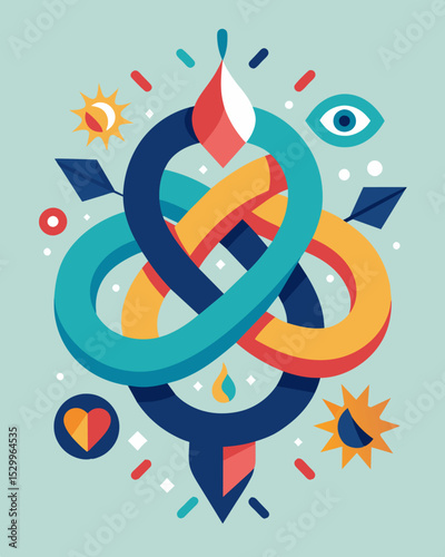 A twisted knot of abstract shapes and symbols portraying the complexity of ones inner thoughts and emotions.. Vector illustration