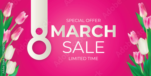 8 March sale banner Background Design. Template for advertising, web, social media and fashion ads. Poster, flyer, greeting card, header for website Vector 
