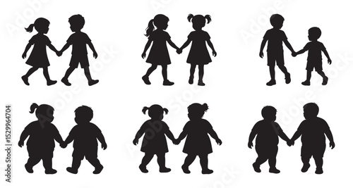 Set of Silhouette of children walking in pairs, isolated on white background, graphic illustration. concept of childhood, friendship, boys, girls, social, playful interaction, icon, design element