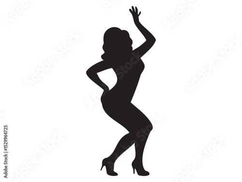 Silhouette of a dancing woman striking a pose, black silhouette against white background, graphic illustration. concept of dance, movement, female figure, artistic expression, performance