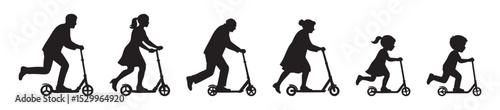 Set of black silhouette icons of people of different ages riding kick scooters isolated on white background. Diverse men, women, girl, boy, outdoor activity, healthy lifestyle, childhood to senior fun