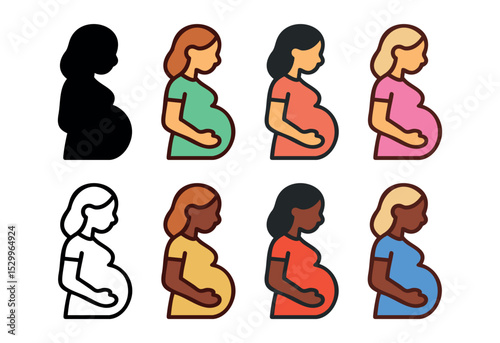 Set of flat and outline icons of pregnant women of different ethnicities in profile view isolated on white background. Concept of diversity, pregnancy, expecting mother, maternity, motherhood