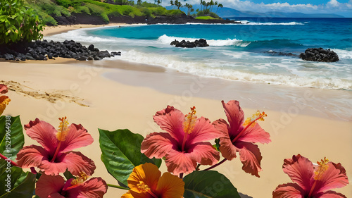 Vibrant Hibiscus Blooms Amidst Sandy Beach Blue Ocean Your Ultimate Vacation Escape. Maui, Hawaii.

