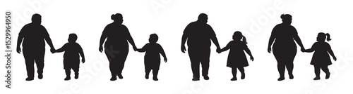 Set of black silhouette icons of overweight parents walking hand in hand with children isolated on white background. Concept of parenthood, family care, child safety, adults walking together with kids