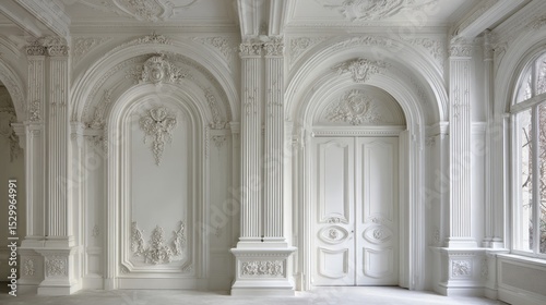 Luxurious interior highlighting ornate white moldings, arched entryways, and fluted columns, embodying classical architectural refinement and timeless elegance