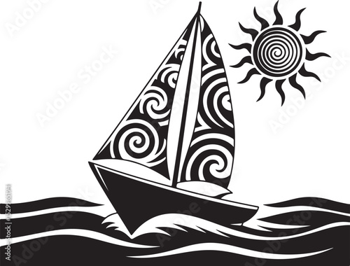 Ornate sailboat with sun design, perfect for tattoos or prints.
