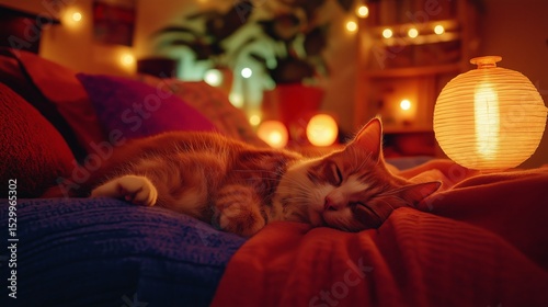 Cozy Slumber: A tranquil cat nestled in a warm embrace, surrounded by soft light and comforting ambiance, a serene capture of home comfort and feline contentment.