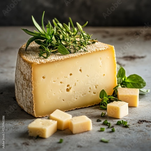 Delicious Cheese Block With Fresh Herbs on a Textured Surface