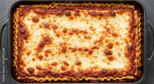 Overhead view of a freshly baked lasagna in a black baking dish on a dark gray surface top down shot