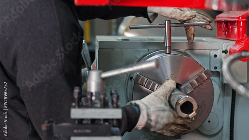Worker installs metal part into lathe chuck, manual setup in machine shop, Precision alignment ensures secure clamping for accurate turning operations