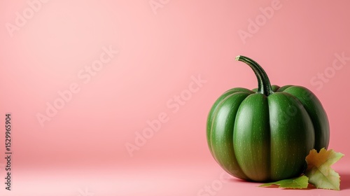 An eye-catching green pumpkin stands poised against a soft pink background, combining natural beauty with a touch of artistic flair and seasonal charm. photo