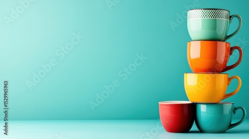 A visually appealing arrangement of colorful cups stacked against a vibrant teal background, perfect for anyone looking to add a playful touch to their collection.