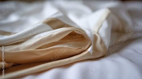 Creamy Beige Bedding Texture: Luxurious and soft beige bedding fabric with subtle texture and folds, showcasing a high-quality and comfortable feel.