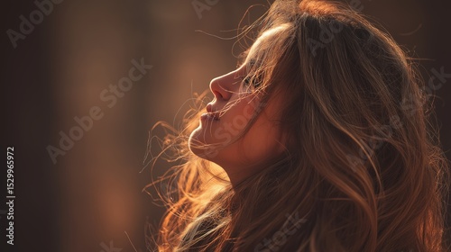 Serenity of the Golden Hour: Portrait of a woman, eyes closed, face turned to the side, feeling the gentle warmth of the sunlight. The lighting create an ethereal glow
