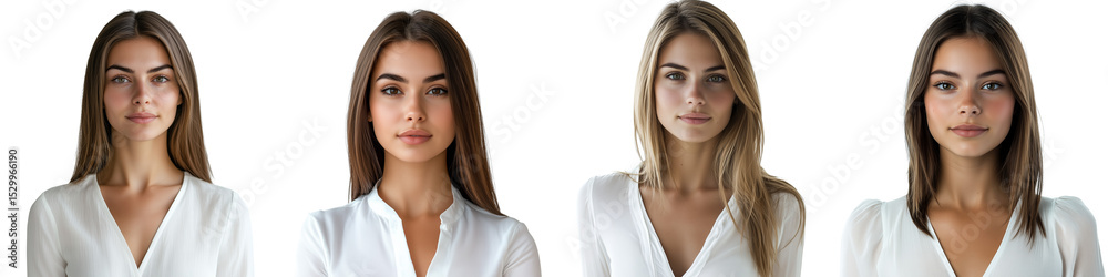 Set of a woman wearing a white blouse, beauty captured in the blink of an eye, straight hair, straight hair, white blouse and calm expression, woman standing on transparent background Set of a woman wearing a white blouse, beauty captured in the blink of an eye, straight hair, straight hair, white blouse and calm expression, woman standing on transparent background