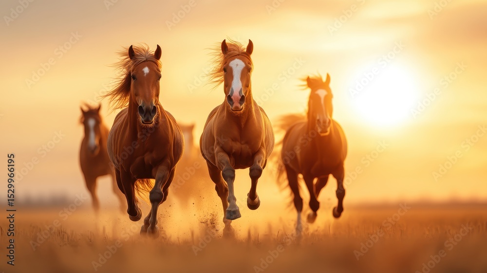 Fototapeta premium Three majestic horses run freely across an open field during a stunning sunset, embodying the spirit of freedom and the beauty of nature's warm, glowing light.