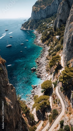 Breathtaking View of Coastline and Boats Near Capri During Sunny Day