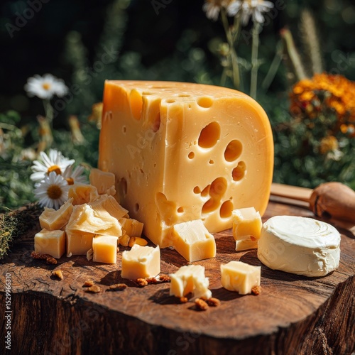 Delicious Cheese Assortment on a Wooden Board in a Sunny Garden Setting