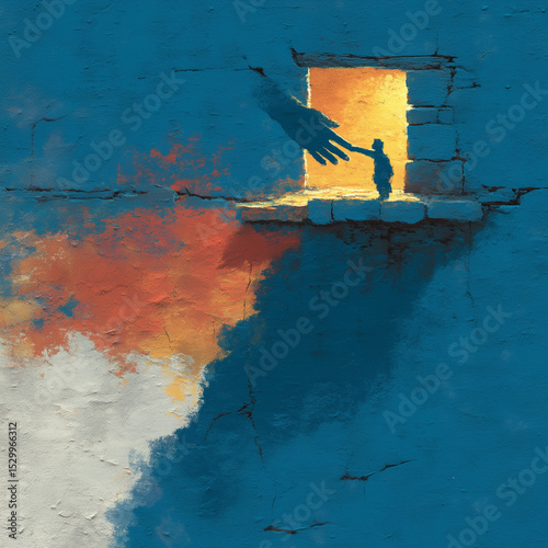 Boy reaching for a helping hand from an open window at sunset - Concept of Human Rights Day  