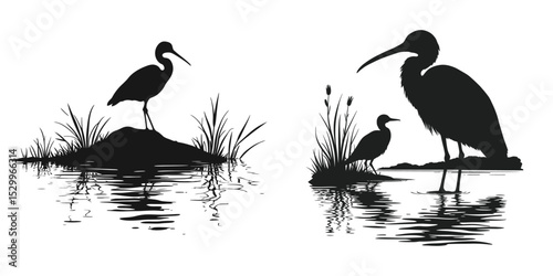 Heron and Egret Silhouettes by the Water Vector Illustration Set