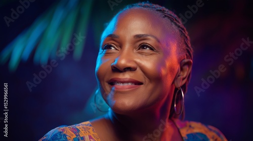 Radiant Woman in Contemplation: An attractive mature woman with a gentle smile gazes upwards, bathed in vibrant neon lighting that highlights her braided hair, creating an image of calm reflection.