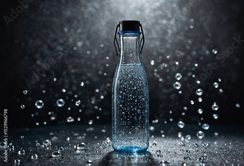 Glass Water Bottle with Condensation Droplets on Surface