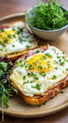 Delicious Breakfast Dish With Egg, Ham, and Cheese Served on Toasted Bread Wi...