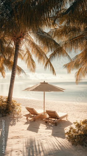 Relaxing Under Palm Trees at a Tranquil Beach in the Early Morning Light