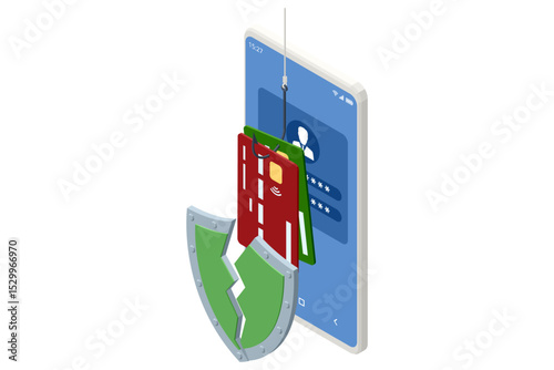 Isometric design showing a smartphone with a dangling fishhook pulling a login form off the screen, emphasizing credential-stealing phishing scams on mobile devices. Phishing attack