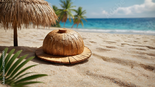 Tropical beach concept made of coconut fruit and sun umbrella. Creative minimal summer idea.
