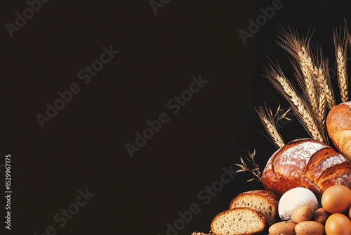 Freshly Baked Bread and Eggs With Wheat Displayed on a Dark Background