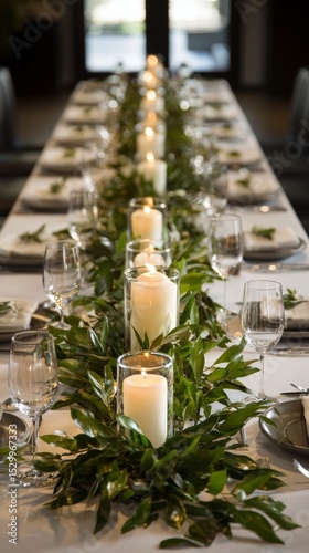 Elegant Dining Table Setting With Candlelight and Greenery for a Special Even...