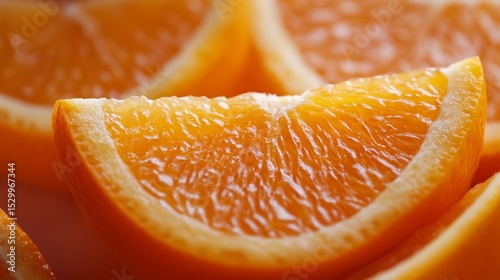 Close-up view of fresh orange slices arranged together on a table