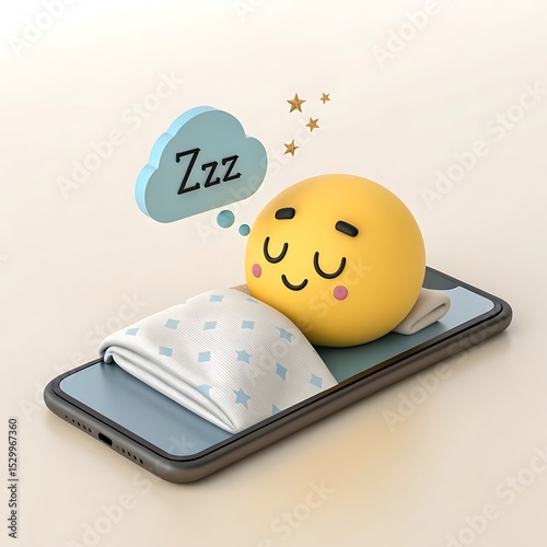 3d render of a sleeping smiley emoji on a smartphone with thought bubble and stars