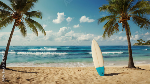 Surfboard and palm tree on beach background.
