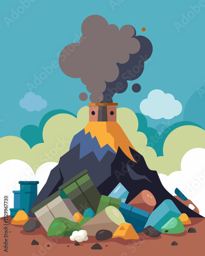 A cartoon of a landfill covered in plastic waste with smoke billowing from it.. Vector illustration