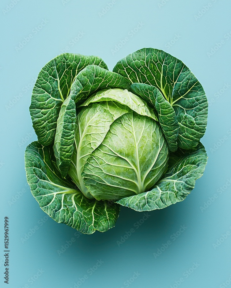 Fototapeta premium Fresh green cabbage, top-down, on a light blue background