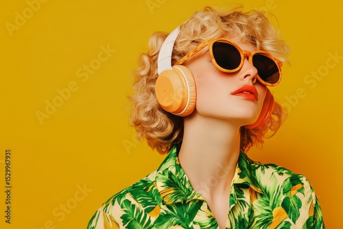 Young Woman With Glasses and Headphones in Tropical Shirt Against Yellow Back...