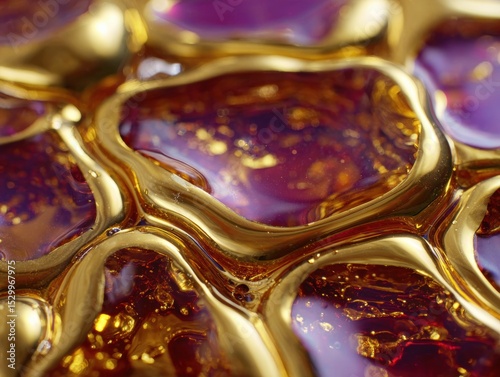 Close-up view of a decorative gold and purple surface.