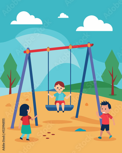 An empty swing untouched while children play together on the playground.. Vector illustration