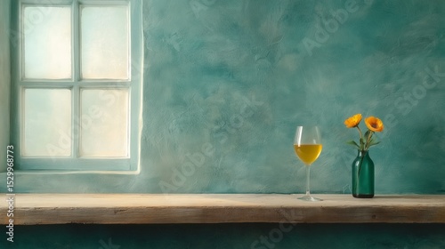 Serene Still Life: A tranquil scene unfolds, featuring a delicate glass of wine and a vibrant flower arrangement artfully arranged on a weathered wooden surface.