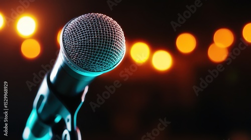 This image features a close-up of a microphone ready for a live performance, surrounded by a bokeh of colorful lights creating an electrifying atmosphere of music and connection.