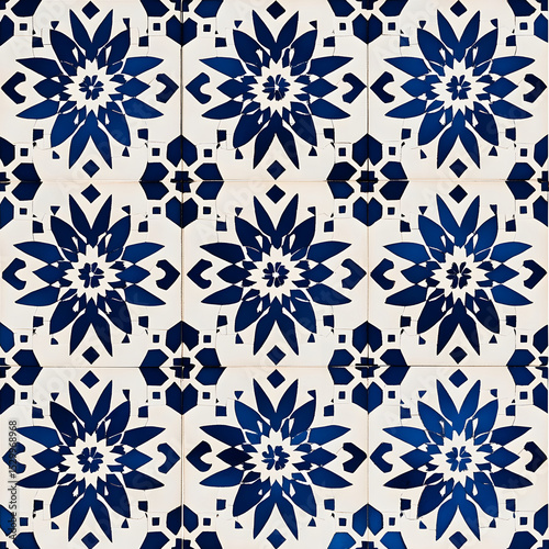 Decorative seamless pattern featuring a repeating floral motif in blue and white colors
