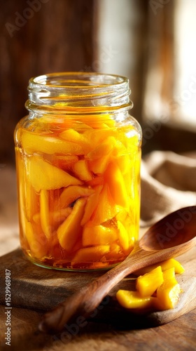 Mango Slices Preserved in Jar Under Natural Light on Wooden Surface