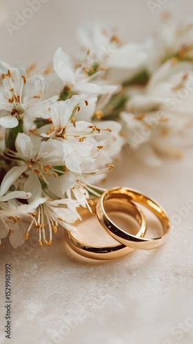 Delicate Wedding Rings Nestled Among Soft White Flowers in a Romantic Setting.