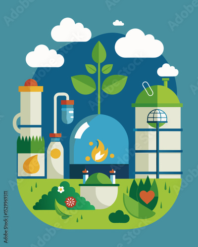 A biogas plant that converts food waste along with other organic materials into clean energy reducing greenhouse gas emissions and promoting a circular economy.. Vector illustration