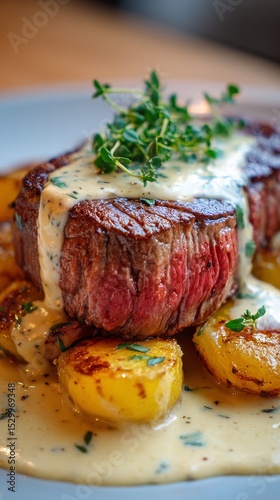 Mouthwatering Beef Tenderloin With Creamy Sauce Served Alongside Golden Potat...