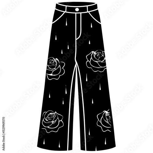 Wide-Leg Pants with Bleeding Rose Pattern